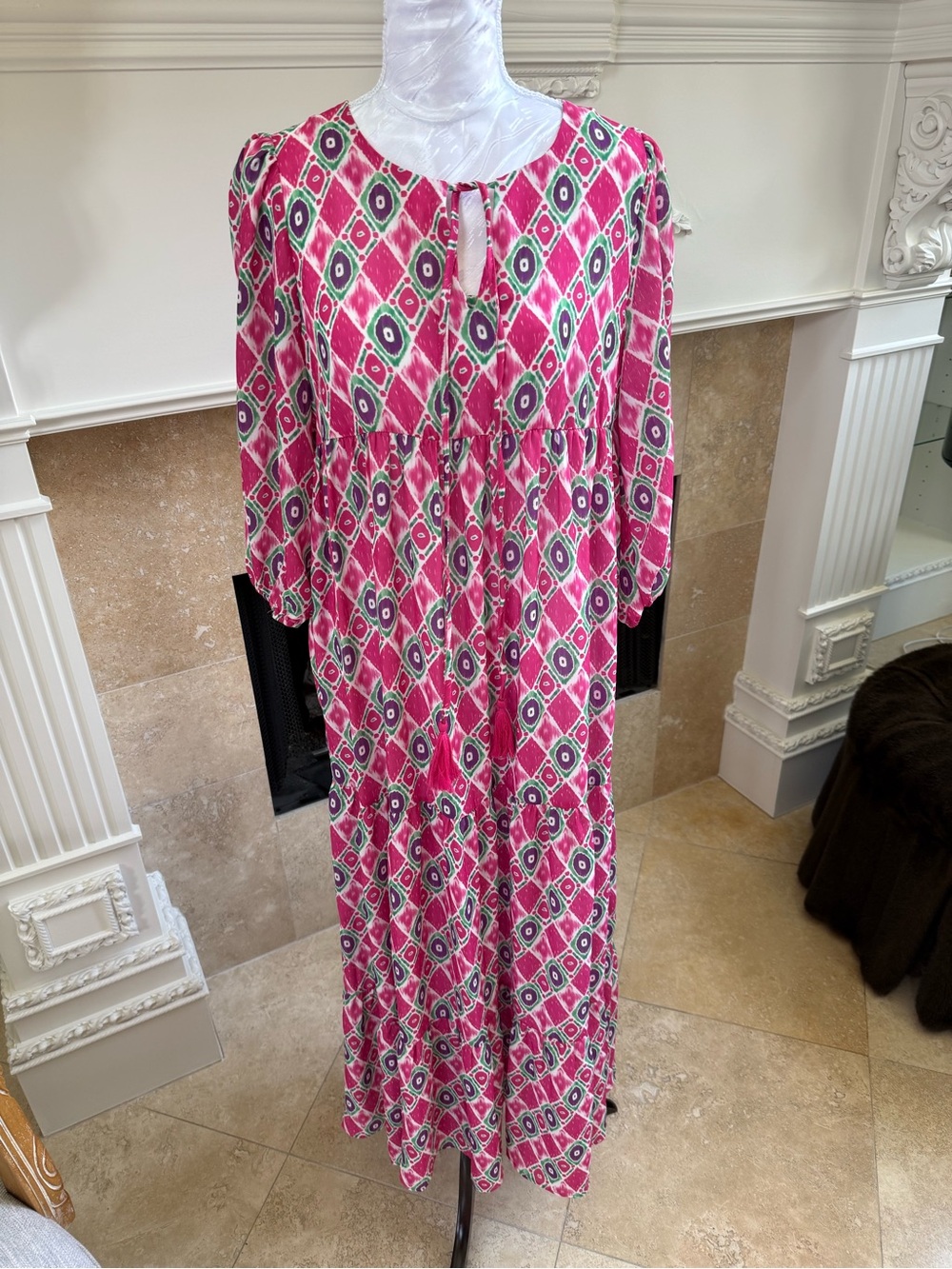 Pink Geometric Maxi Dress with Keyhole Tie